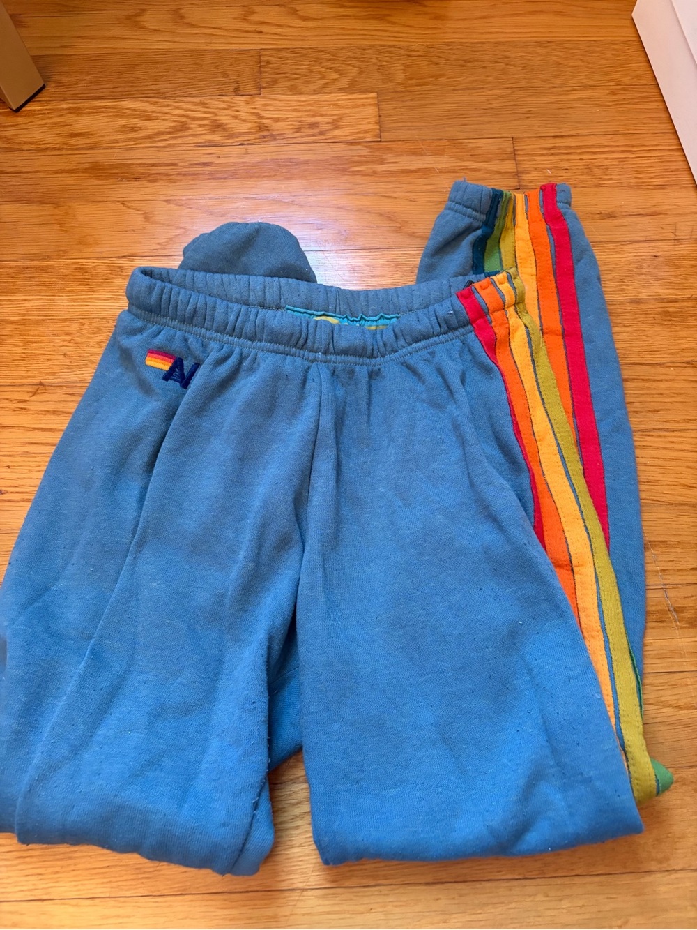 Aviator Nation Blue Sweatpants with Rainbow Side Stripes